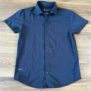 BYLT Lux Button Up Shirt Mens Small Navy Blue Short Sleeve Stretch Preppy Office